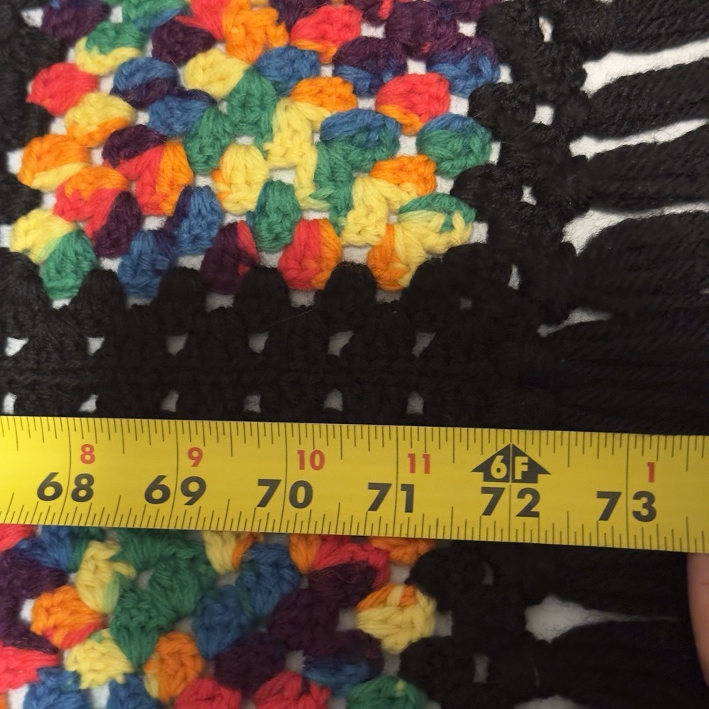 Vtg Handmade Crochet Knit Granny Square Throw Blanket Cottagecore Black Fringe - Picture 7 of 10